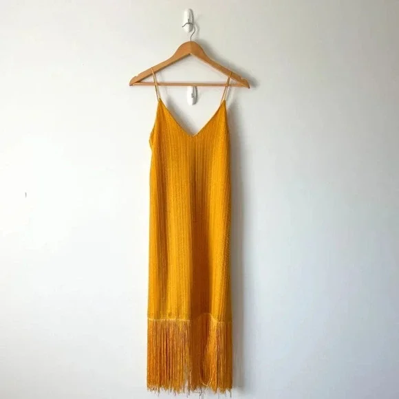 Zara Fringe Hem Midi Dress Marigold  Mustard Yellow Size Small - Picture 6 of 10